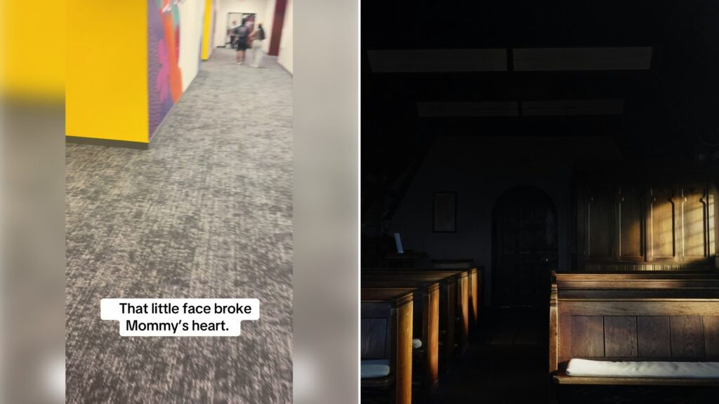 Left: cover still from a TikTok video by @trippdennisb. Right: Empty church pews with sunlight streaming through windows (Unsplash photo by studiopipin).