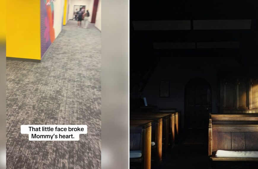 Left: cover still from a TikTok video by @trippdennisb. Right: Empty church pews with sunlight streaming through windows (Unsplash photo by studiopipin).