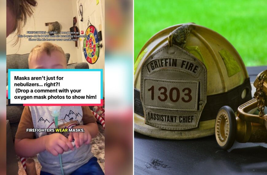 Left: cover still from a TikTok video by @kate.inprocess. Right: Fireman's helmet sitting on a table (Unsplash photo by Townsend Walton).