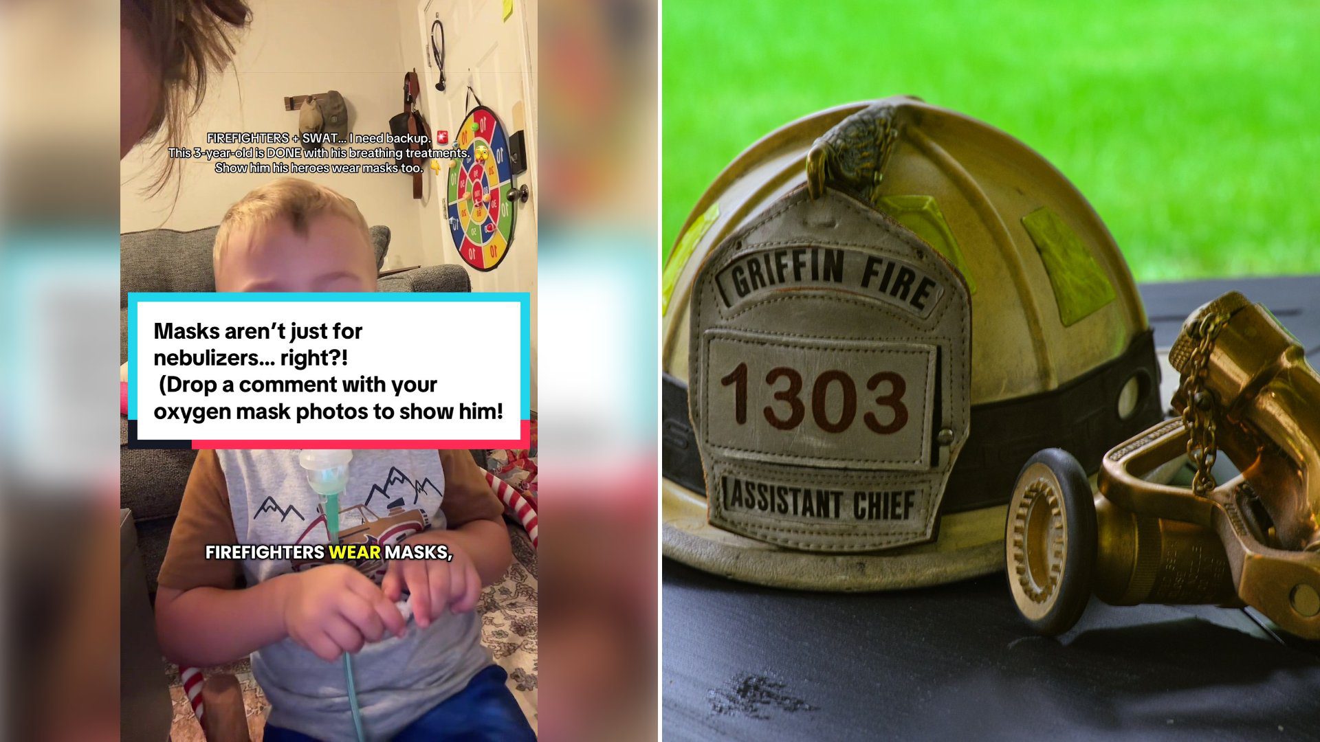 Left: cover still from a TikTok video by @kate.inprocess. Right: Fireman's helmet sitting on a table (Unsplash photo by Townsend Walton).