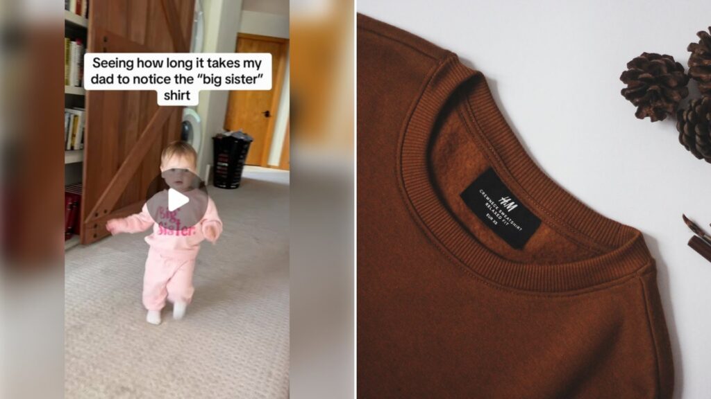 Left: cover still from an Instagram reel by @. Right: Brown crew neck sweatshirt laid on a white table (Unsplash photo by Meghna R).