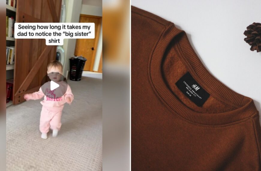 Left: cover still from an Instagram reel by @. Right: Brown crew neck sweatshirt laid on a white table (Unsplash photo by Meghna R).