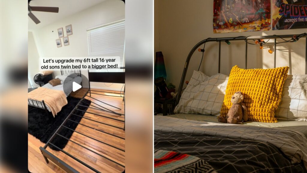 Left: cover still from an Instagram reel by @. Right: Child's bedroom with a bed and wall posters (Unsplash photo by Franco Debartolo).
