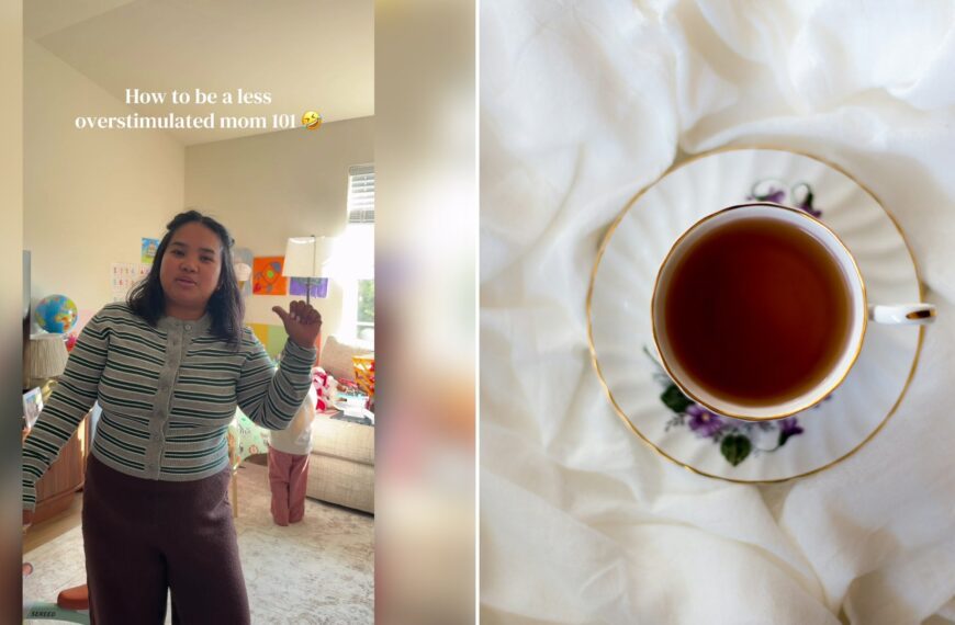 Left: cover still from a TikTok video by @jessandmissamelia. Right: Overhead view of a ceramic tea cup and saucer (Unsplash photo by Sixteen Miles Out).