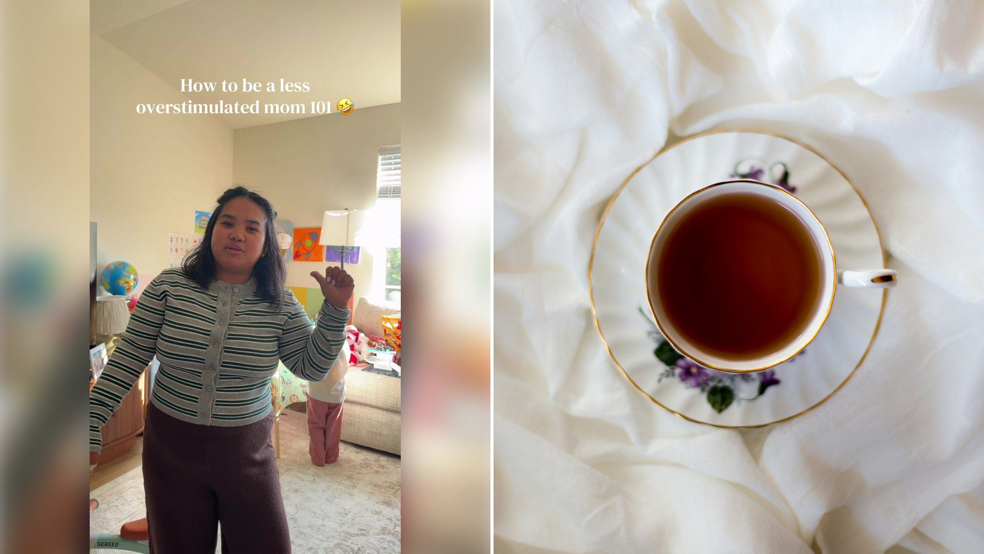 Left: cover still from a TikTok video by @jessandmissamelia. Right: Overhead view of a ceramic tea cup and saucer (Unsplash photo by Sixteen Miles Out).
