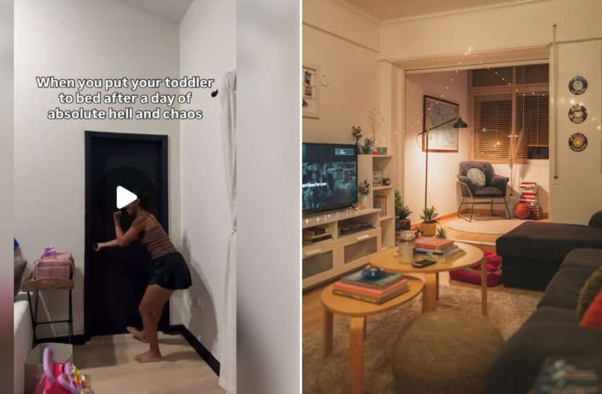 Left: cover still from an Instagram reel by @. Right: Living room with furniture and a flat screen TV (Unsplash photo by Joao Macedo).