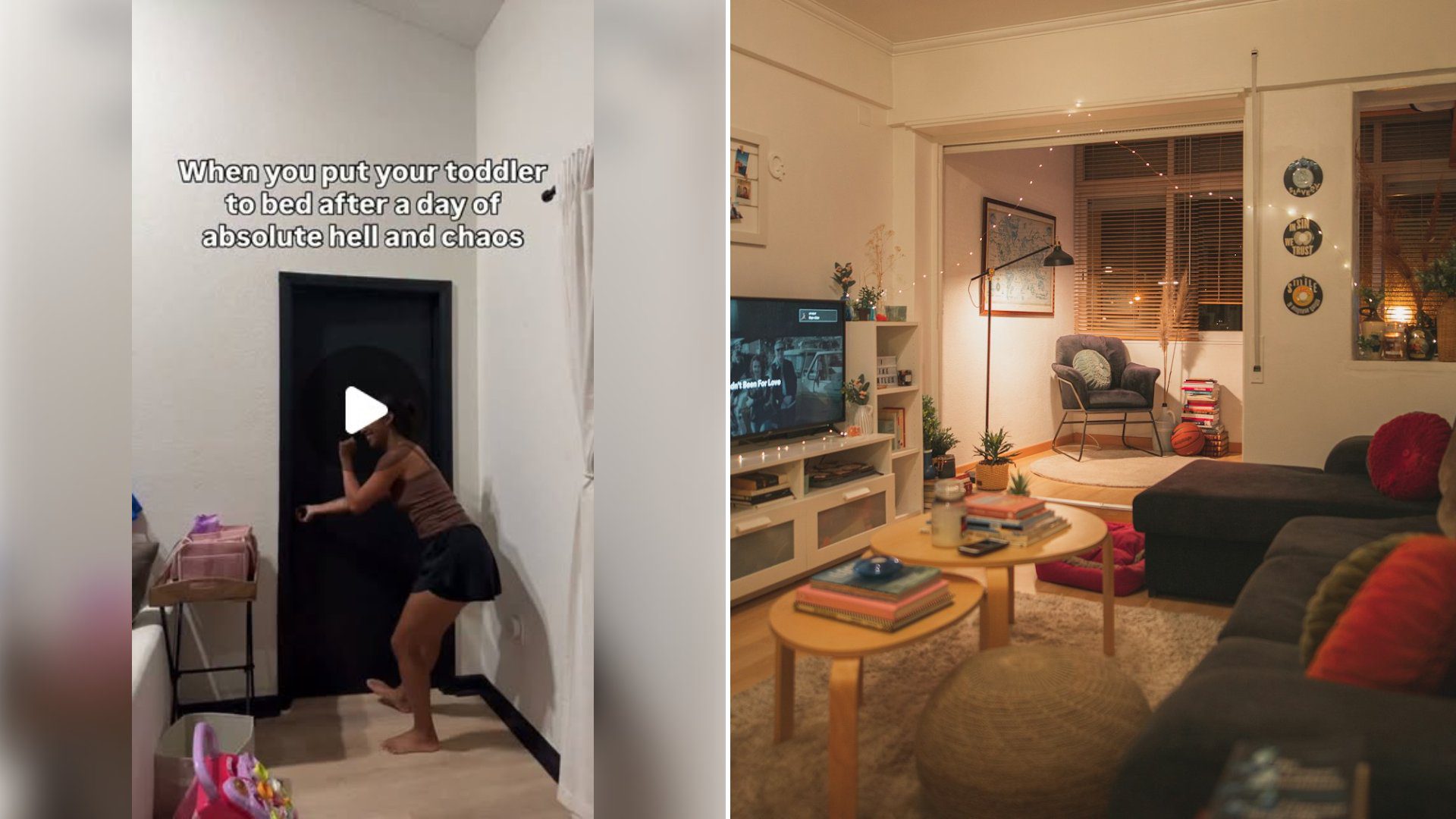 Left: cover still from an Instagram reel by @. Right: Living room with furniture and a flat screen TV (Unsplash photo by Joao Macedo).