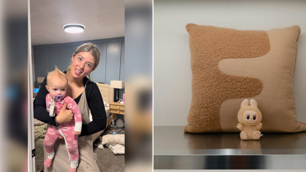 Left: cover still from a TikTok video by @rayne.kennnn. Right: Plush pillow and stuffed bunny on a shelf (Unsplash photo by David Kristianto).