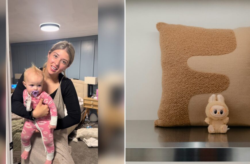 Left: cover still from a TikTok video by @rayne.kennnn. Right: Plush pillow and stuffed bunny on a shelf (Unsplash photo by David Kristianto).