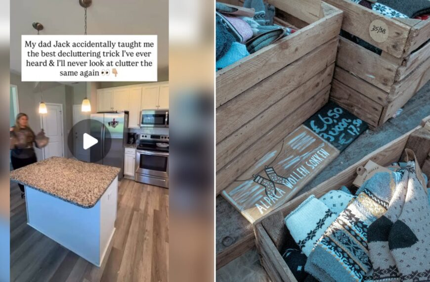 Left: cover still from an Instagram reel by @. Right: Pile of wooden crates filled with clothing (Unsplash photo by Bryan Dijkhuizen).