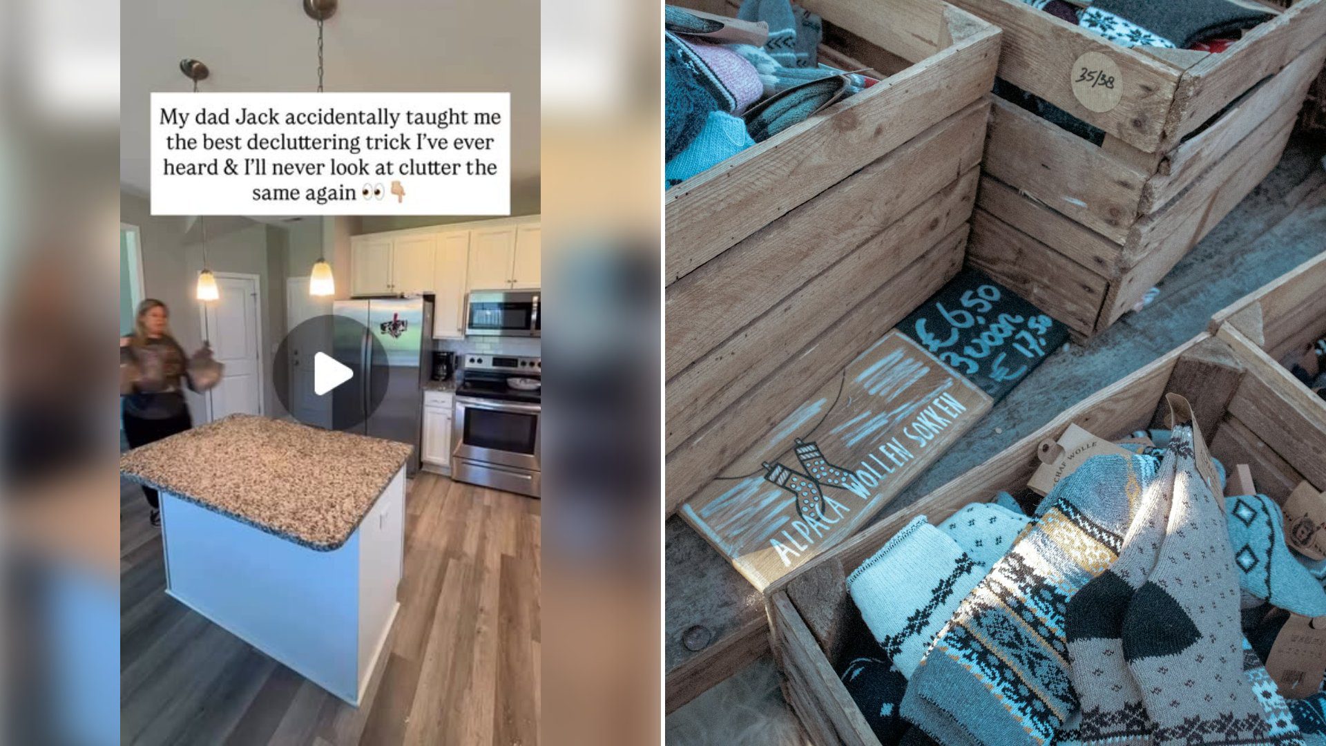 Left: cover still from an Instagram reel by @. Right: Pile of wooden crates filled with clothing (Unsplash photo by Bryan Dijkhuizen).