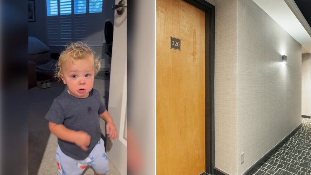 Left: cover still from a TikTok video by @marinfelsoci. Right: Brown wooden door on a black and white tiled floor (Unsplash photo by Point3D Commercial Imaging Ltd.).