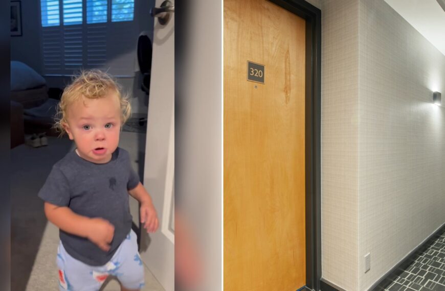 Left: cover still from a TikTok video by @marinfelsoci. Right: Brown wooden door on a black and white tiled floor (Unsplash photo by Point3D Commercial Imaging Ltd.).