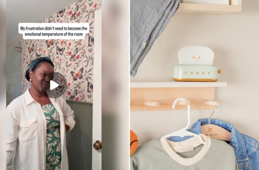 Left: cover still from an Instagram reel by @. Right: Baby's room with clothes hanging and shelves (Unsplash photo by Justin Simmonds).