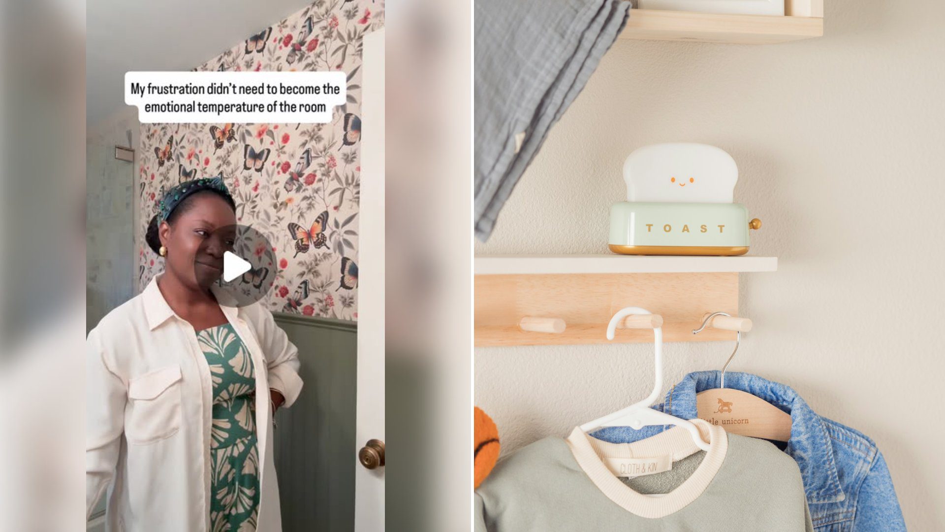 Left: cover still from an Instagram reel by @. Right: Baby's room with clothes hanging and shelves (Unsplash photo by Justin Simmonds).