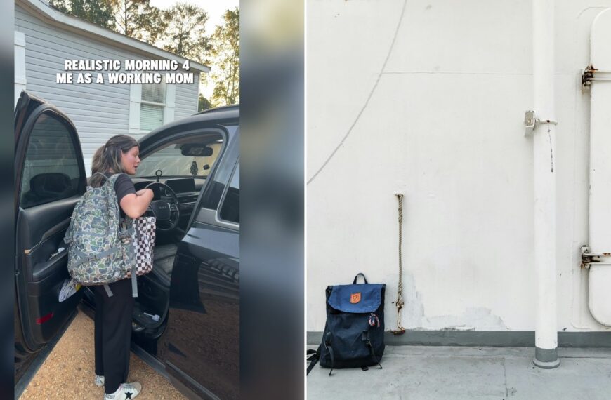 Left: cover still from a TikTok video by @jasraynes. Right: Blue and black backpack sitting on a black luggage bag (Unsplash photo by Richard Wang).