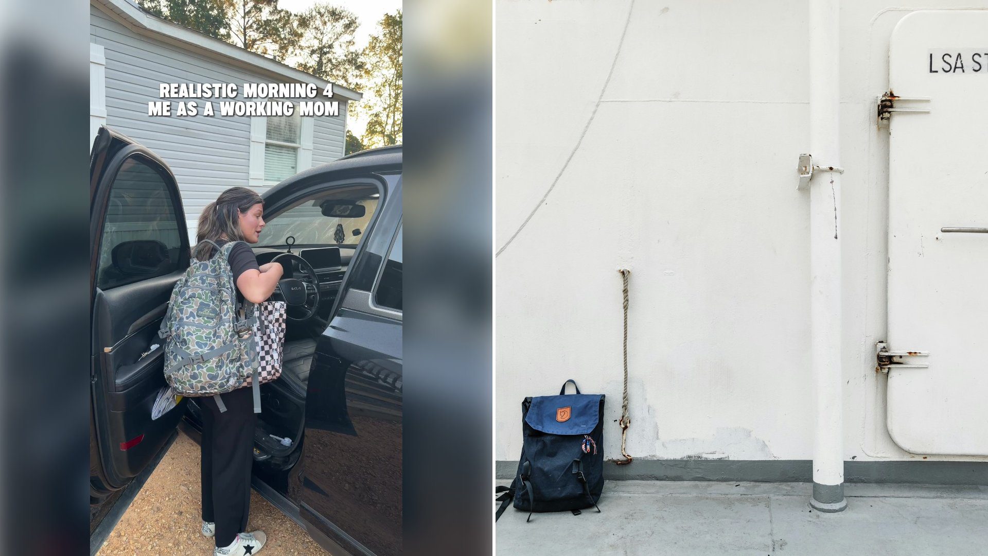 Left: cover still from a TikTok video by @jasraynes. Right: Blue and black backpack sitting on a black luggage bag (Unsplash photo by Richard Wang).