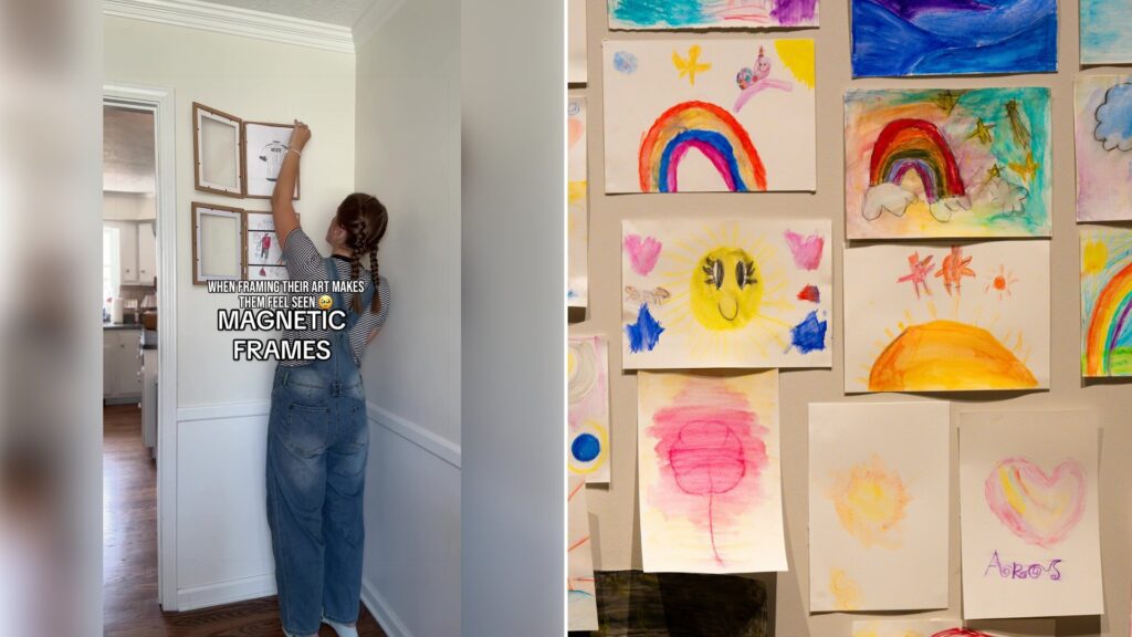 Left: cover still from a TikTok video by @ashleehardin. Right: Collection of colorful children's drawings displayed on a wall (Unsplash photo by Julia Taubitz).