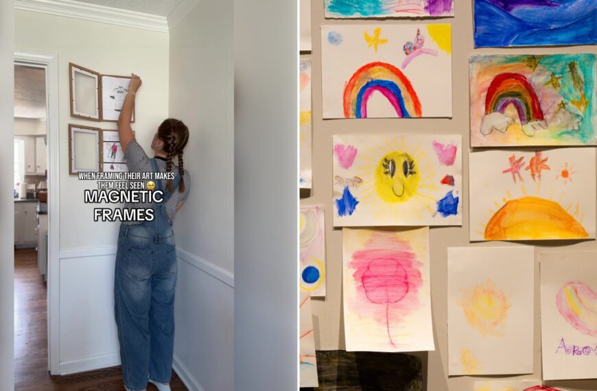 Left: cover still from a TikTok video by @ashleehardin. Right: Collection of colorful children's drawings displayed on a wall (Unsplash photo by Julia Taubitz).