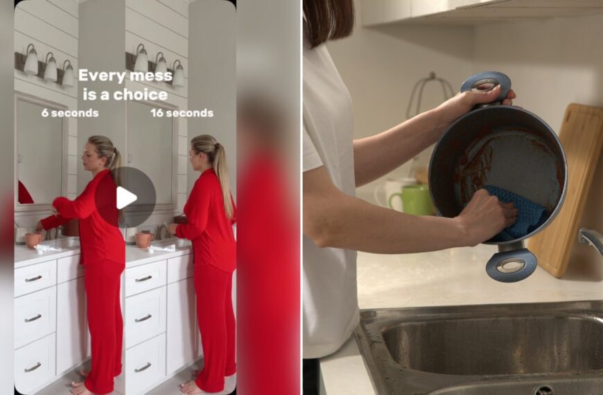 Left: cover still from an Instagram reel by @. Right: Person scrubbing a dirty pot with a blue scrubber over a kitchen sink (Unsplash photo by The Crown Choice).