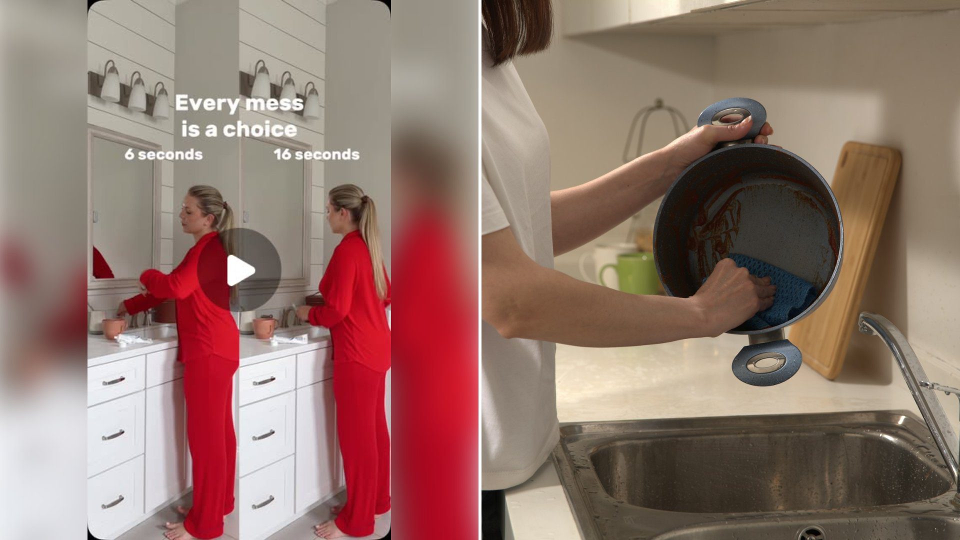 Left: cover still from an Instagram reel by @. Right: Person scrubbing a dirty pot with a blue scrubber over a kitchen sink (Unsplash photo by The Crown Choice).