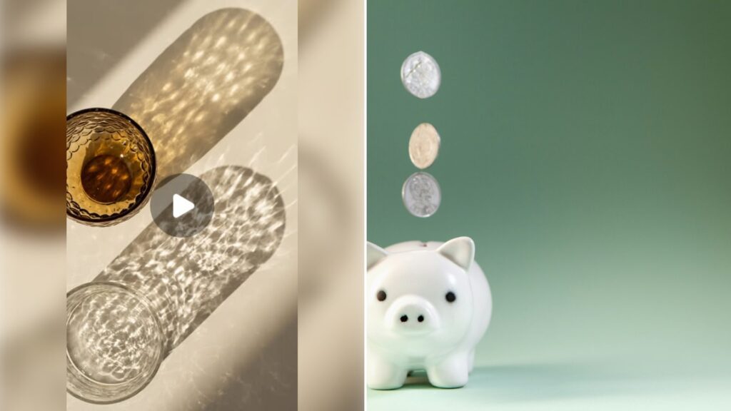 Left: cover still from an Instagram reel by @. Right: Coins falling into a white piggy bank (Unsplash photo by Sasun Bughdaryan).