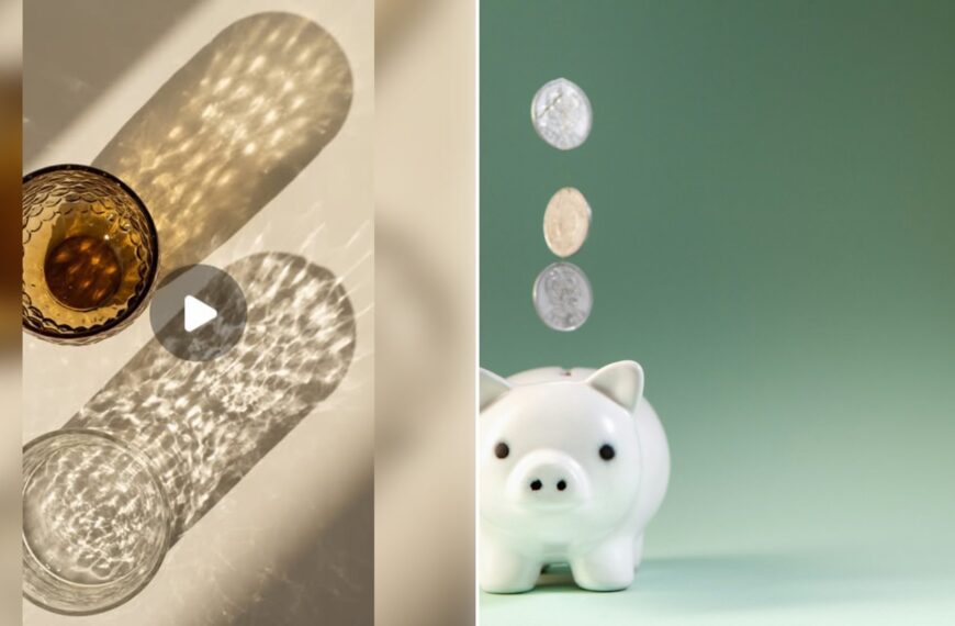Left: cover still from an Instagram reel by @. Right: Coins falling into a white piggy bank (Unsplash photo by Sasun Bughdaryan).