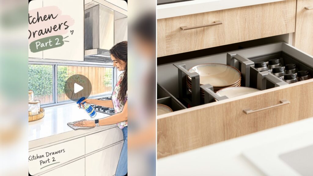 Left: cover still from an Instagram reel by @. Right: Open organized kitchen drawer with dishes in drawer organizers (Unsplash photo by Orgalux).