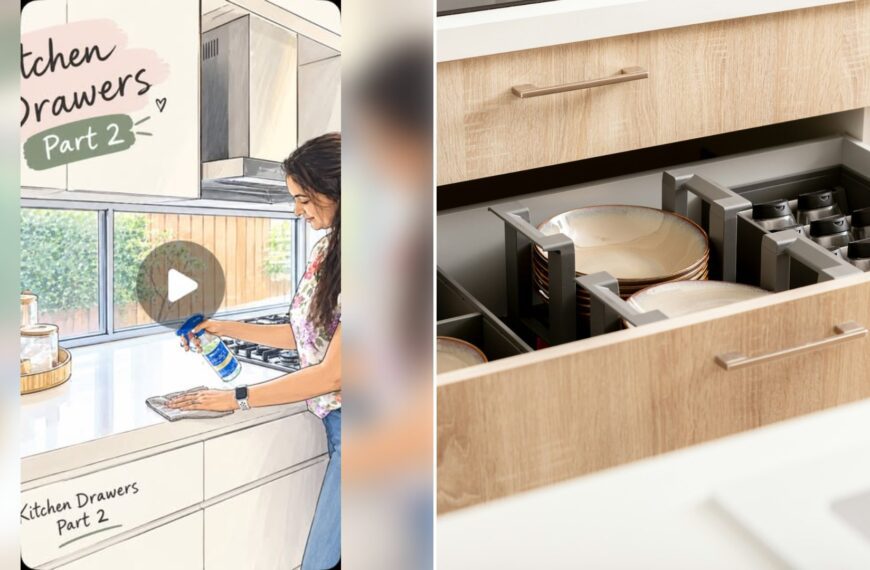Left: cover still from an Instagram reel by @. Right: Open organized kitchen drawer with dishes in drawer organizers (Unsplash photo by Orgalux).