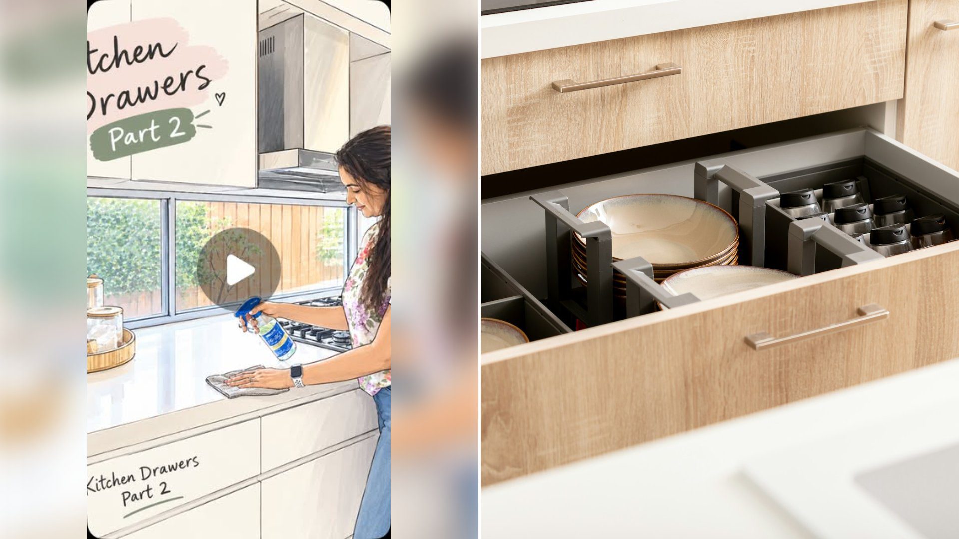 Left: cover still from an Instagram reel by @. Right: Open organized kitchen drawer with dishes in drawer organizers (Unsplash photo by Orgalux).