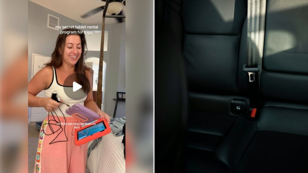 Left: cover still from an Instagram reel by @. Right: Empty black leather back seats of a car with seat belt (Unsplash photo by Maxim Hopman).