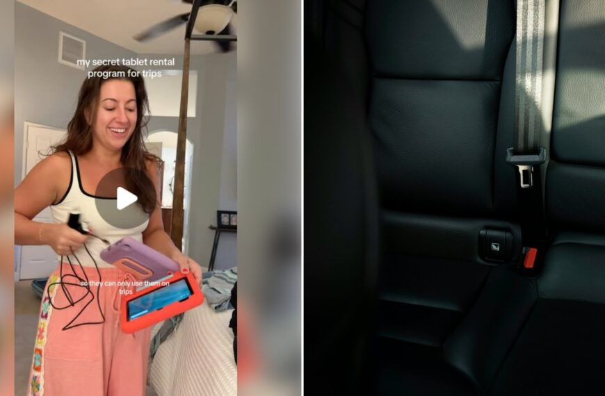 Left: cover still from an Instagram reel by @. Right: Empty black leather back seats of a car with seat belt (Unsplash photo by Maxim Hopman).