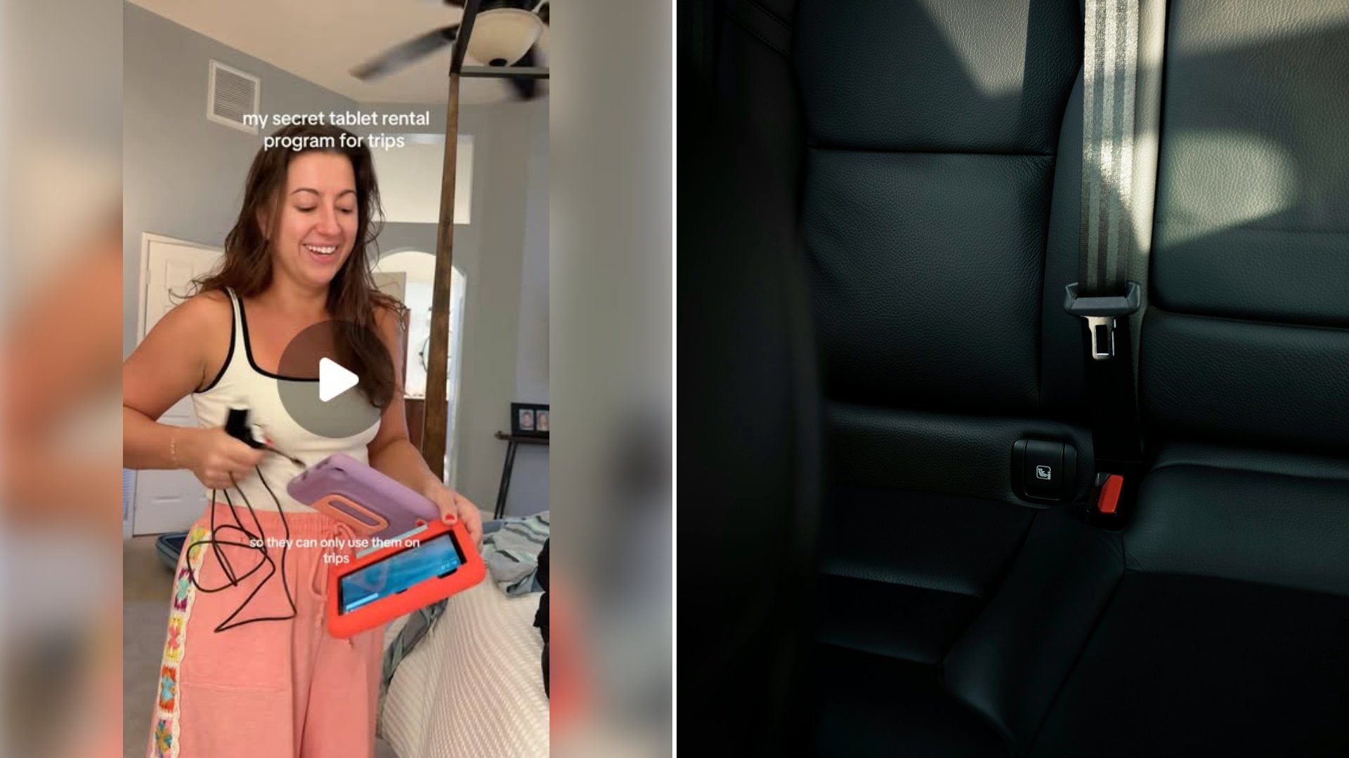 Left: cover still from an Instagram reel by @. Right: Empty black leather back seats of a car with seat belt (Unsplash photo by Maxim Hopman).