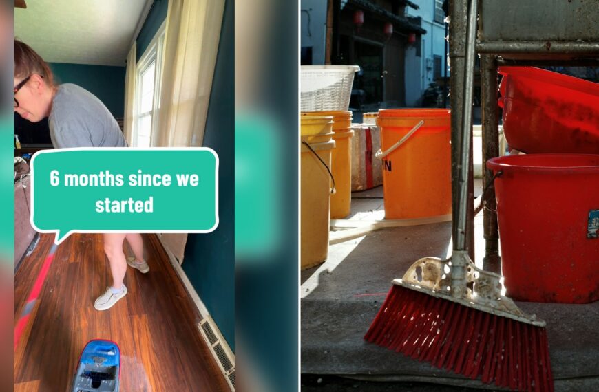 Left: cover still from a TikTok video by @lizzierebuilds. Right: Buckets and a broom sitting on the ground (Unsplash photo by C Cai).