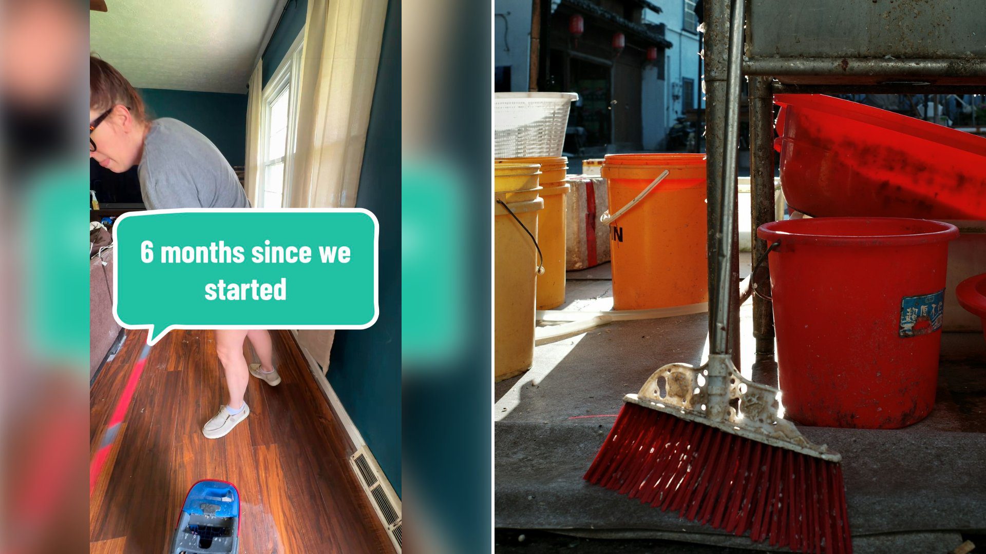Left: cover still from a TikTok video by @lizzierebuilds. Right: Buckets and a broom sitting on the ground (Unsplash photo by C Cai).