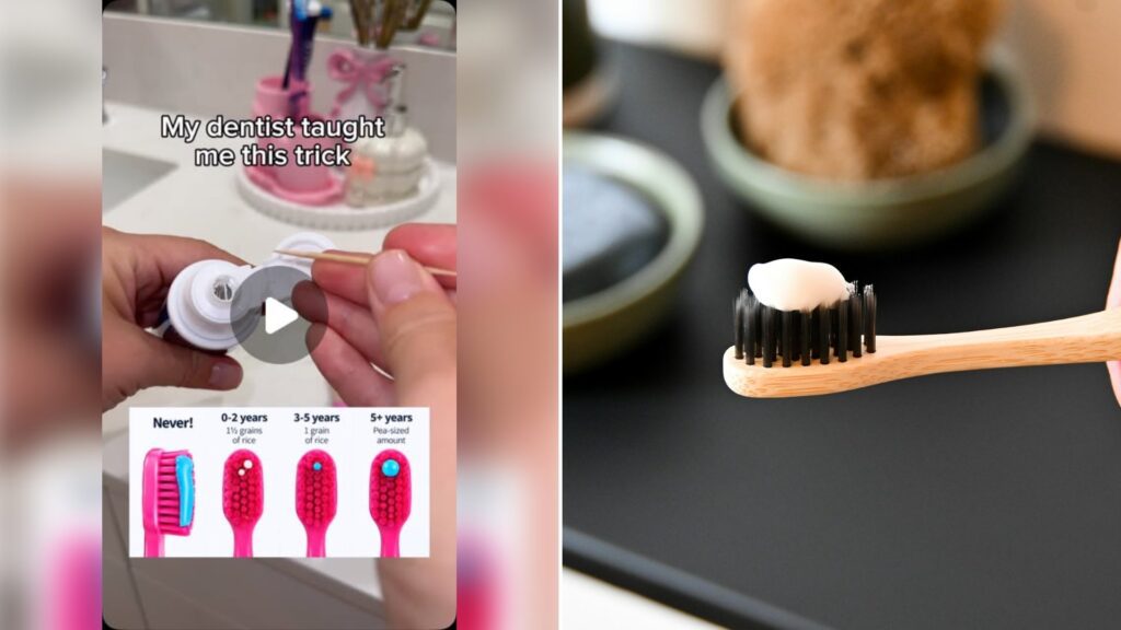 Left: cover still from an Instagram reel by @. Right: Hand holding a toothbrush with toothpaste on it (Unsplash photo by Nik).