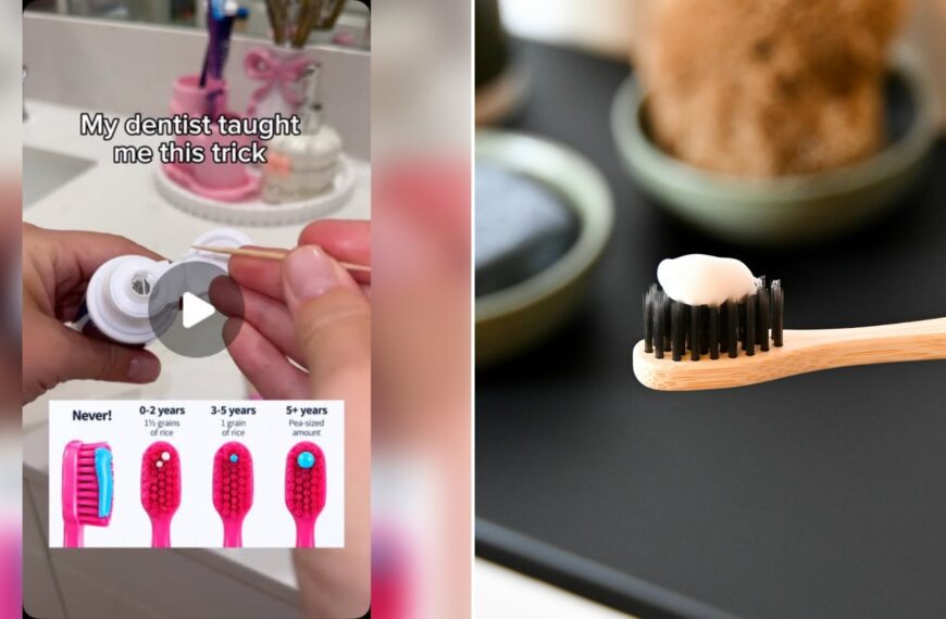 Left: cover still from an Instagram reel by @. Right: Hand holding a toothbrush with toothpaste on it (Unsplash photo by Nik).