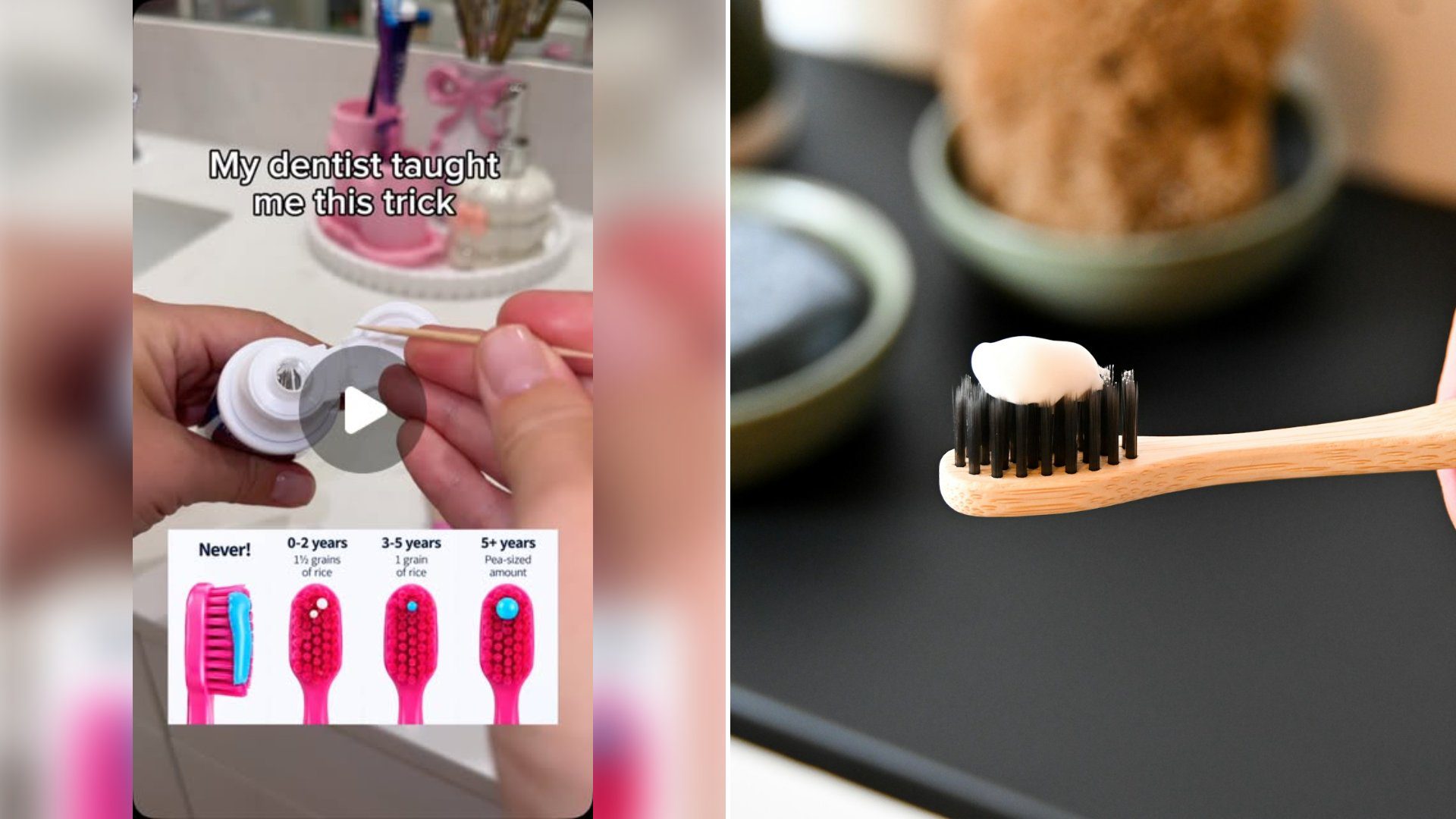 Left: cover still from an Instagram reel by @. Right: Hand holding a toothbrush with toothpaste on it (Unsplash photo by Nik).