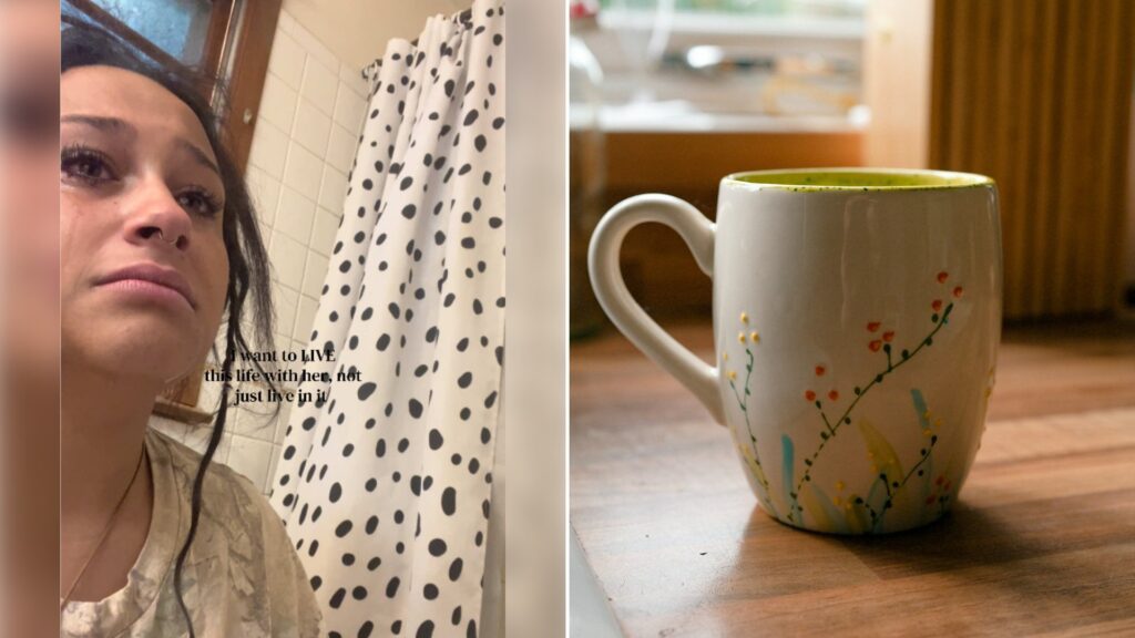 Left: cover still from a TikTok video by @manitsjaz. Right: Decorated mug on a wooden kitchen countertop (Unsplash photo by Marc Pell).