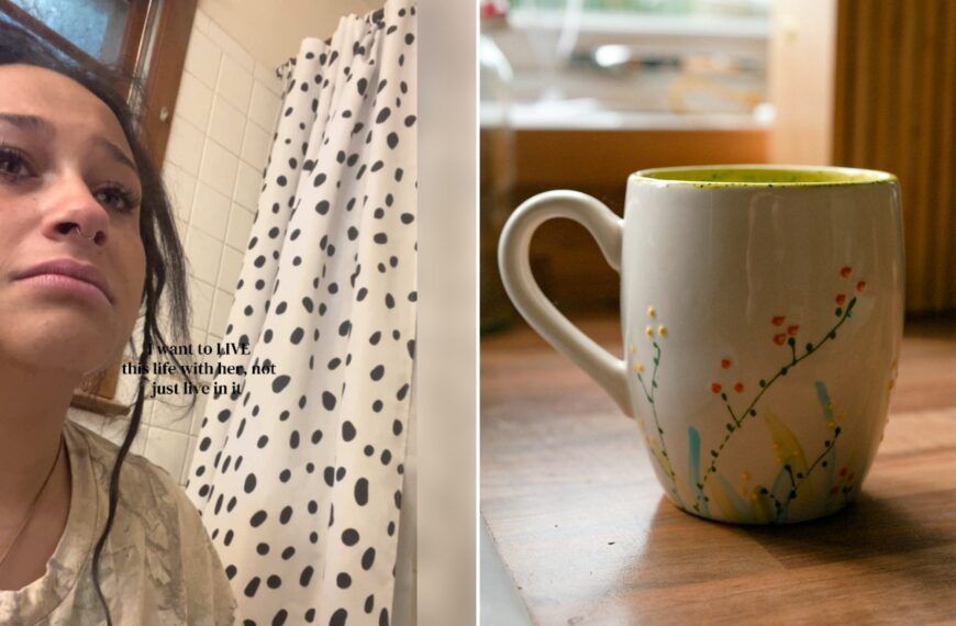 Left: cover still from a TikTok video by @manitsjaz. Right: Decorated mug on a wooden kitchen countertop (Unsplash photo by Marc Pell).