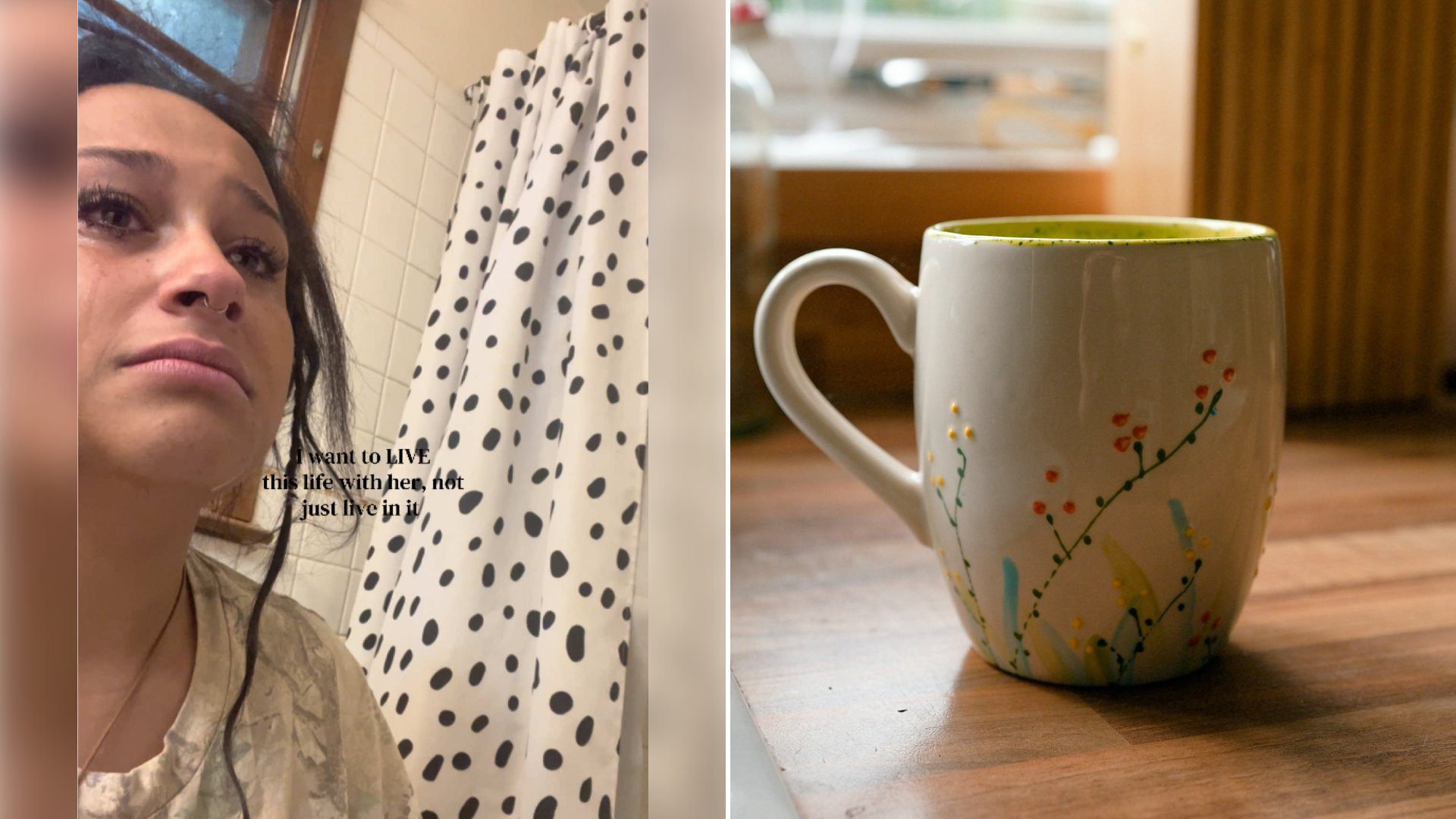 Left: cover still from a TikTok video by @manitsjaz. Right: Decorated mug on a wooden kitchen countertop (Unsplash photo by Marc Pell).