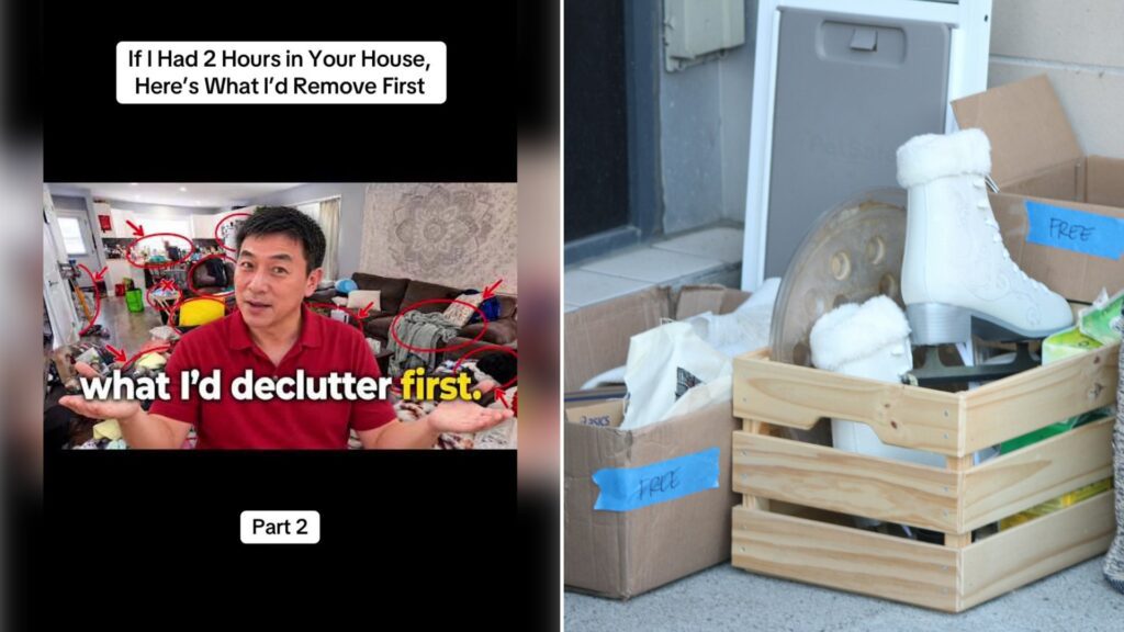 Left: cover still from a TikTok video by @timothy.dew3. Right: White ice skates in a wooden crate with cardboard boxes (Unsplash photo by SM Rodriguez).