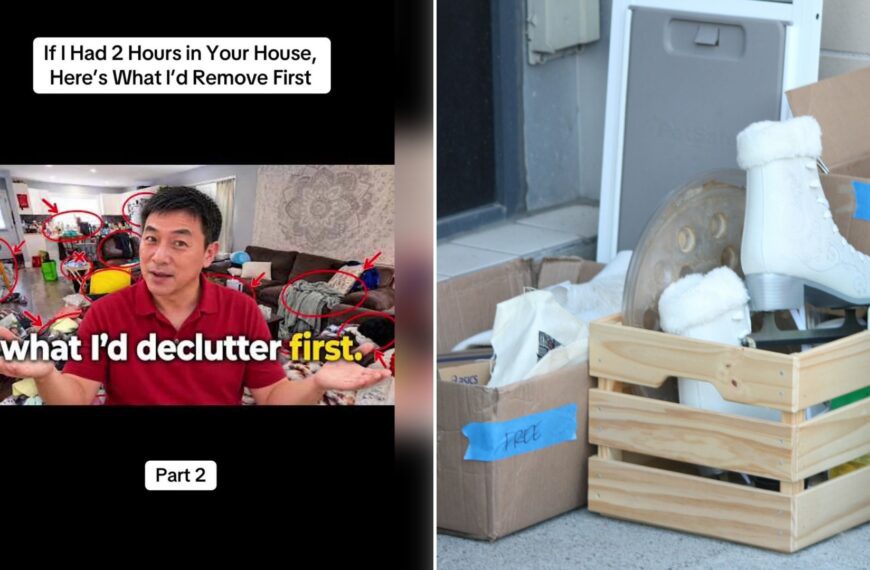 Left: cover still from a TikTok video by @timothy.dew3. Right: White ice skates in a wooden crate with cardboard boxes (Unsplash photo by SM Rodriguez).