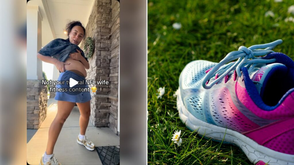 Left: cover still from an Instagram reel by @. Right: Close-up of a blue and pink running shoe on green grass (Unsplash photo by Luísa Schetinger).
