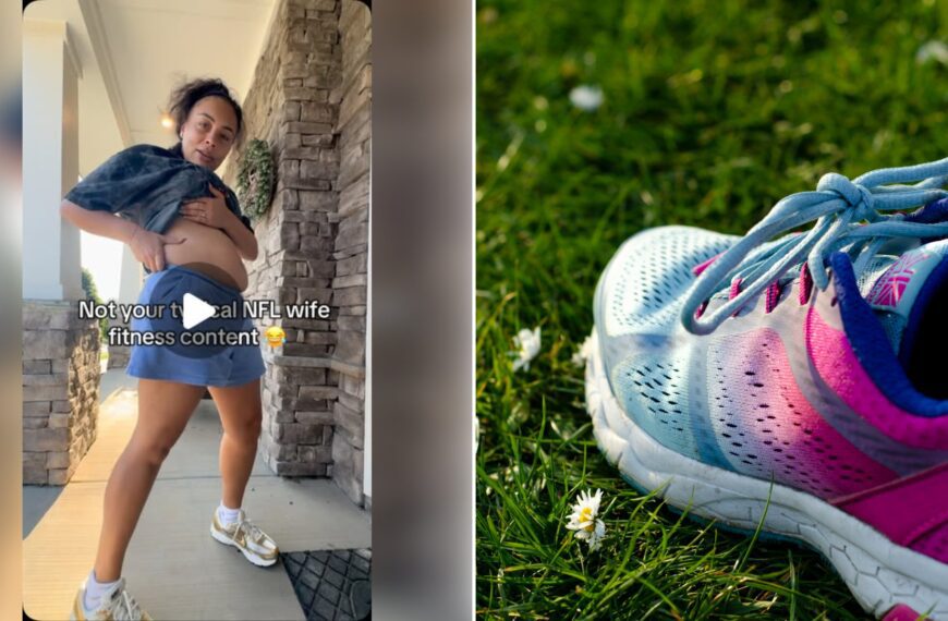 Left: cover still from an Instagram reel by @. Right: Close-up of a blue and pink running shoe on green grass (Unsplash photo by Luísa Schetinger).