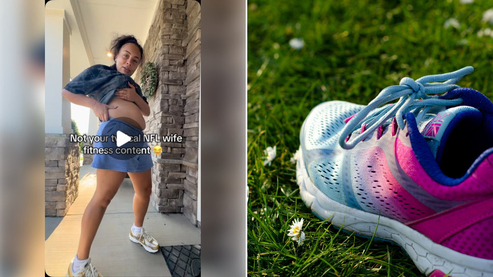 Left: cover still from an Instagram reel by @. Right: Close-up of a blue and pink running shoe on green grass (Unsplash photo by Luísa Schetinger).