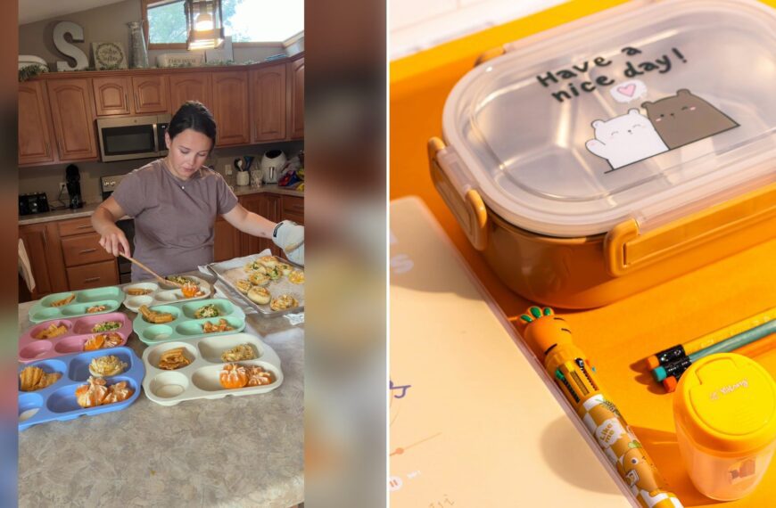 Left: cover still from a TikTok video by @hanahsolum. Right: Yellow table with a lunch food container and a pencil (Unsplash photo by The Design Lady).