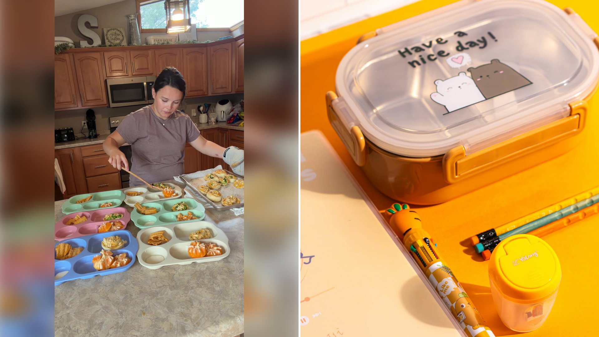 Left: cover still from a TikTok video by @hanahsolum. Right: Yellow table with a lunch food container and a pencil (Unsplash photo by The Design Lady).