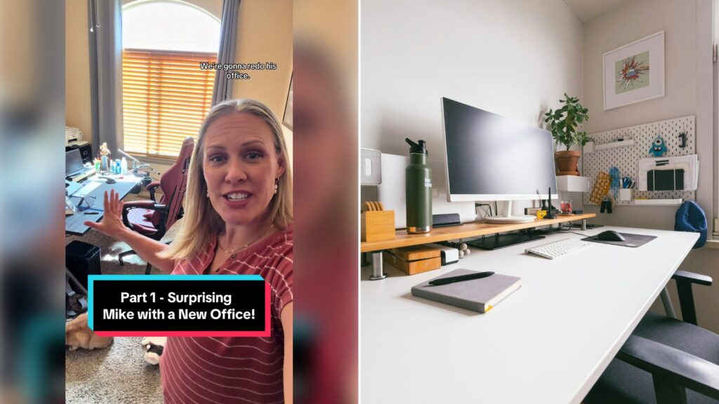 Left: cover still from a TikTok video by @camiwampus. Right: Home office desk with a monitor on a white wooden desk (Unsplash photo by Arthur Lambillotte).