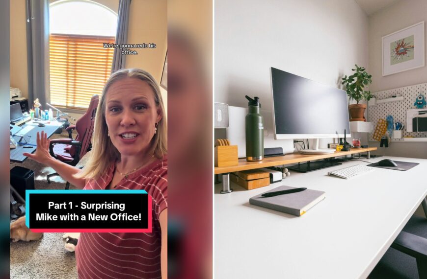 Left: cover still from a TikTok video by @camiwampus. Right: Home office desk with a monitor on a white wooden desk (Unsplash photo by Arthur Lambillotte).